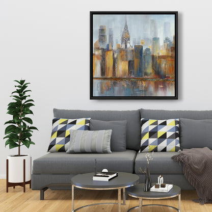 Paysage urbain avec le Chrysler Building | Toile décorative encadrée bleue