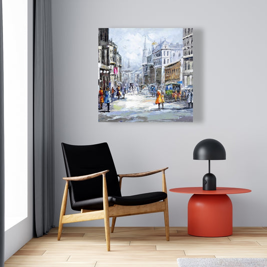 Busy Street Blue Building Canvas | Cloudy Day Home Decor