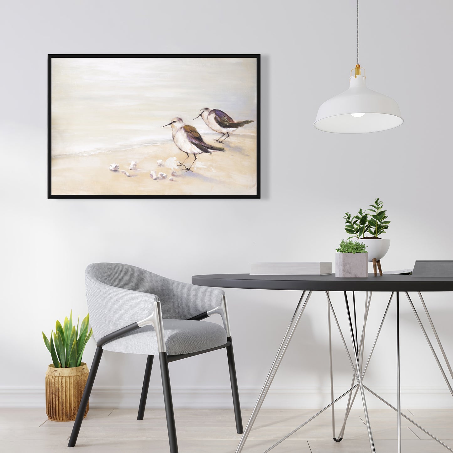 Deux bécasseaux sur la plage | Toile encadrée grise marine