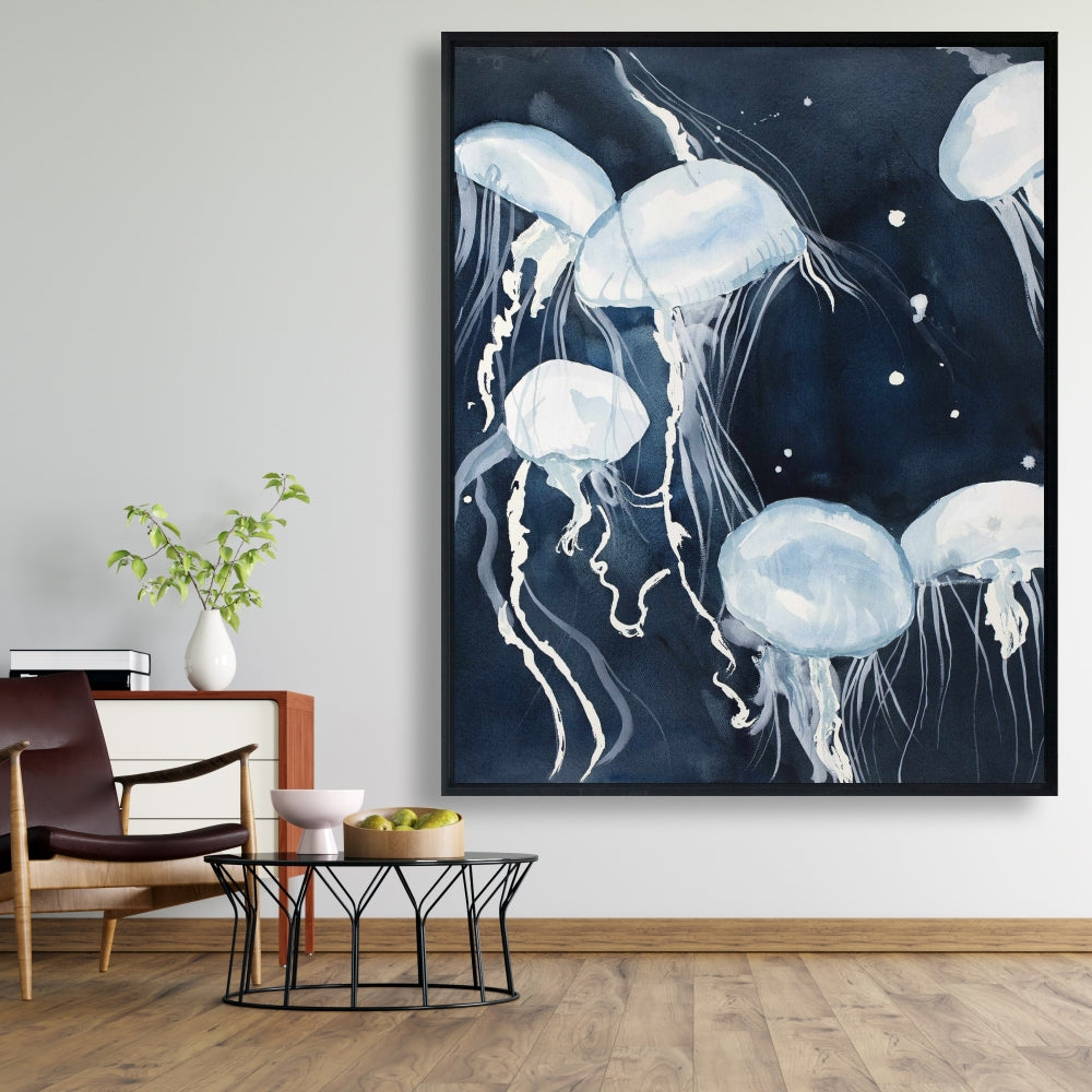 Toile décorative encadrée bleue représentant les animaux de la chambre de Méduse