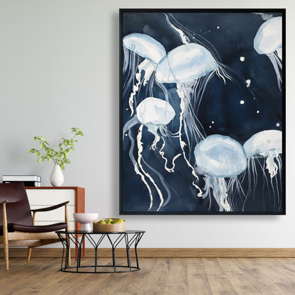 Toile décorative encadrée bleue représentant les animaux de la chambre de Méduse