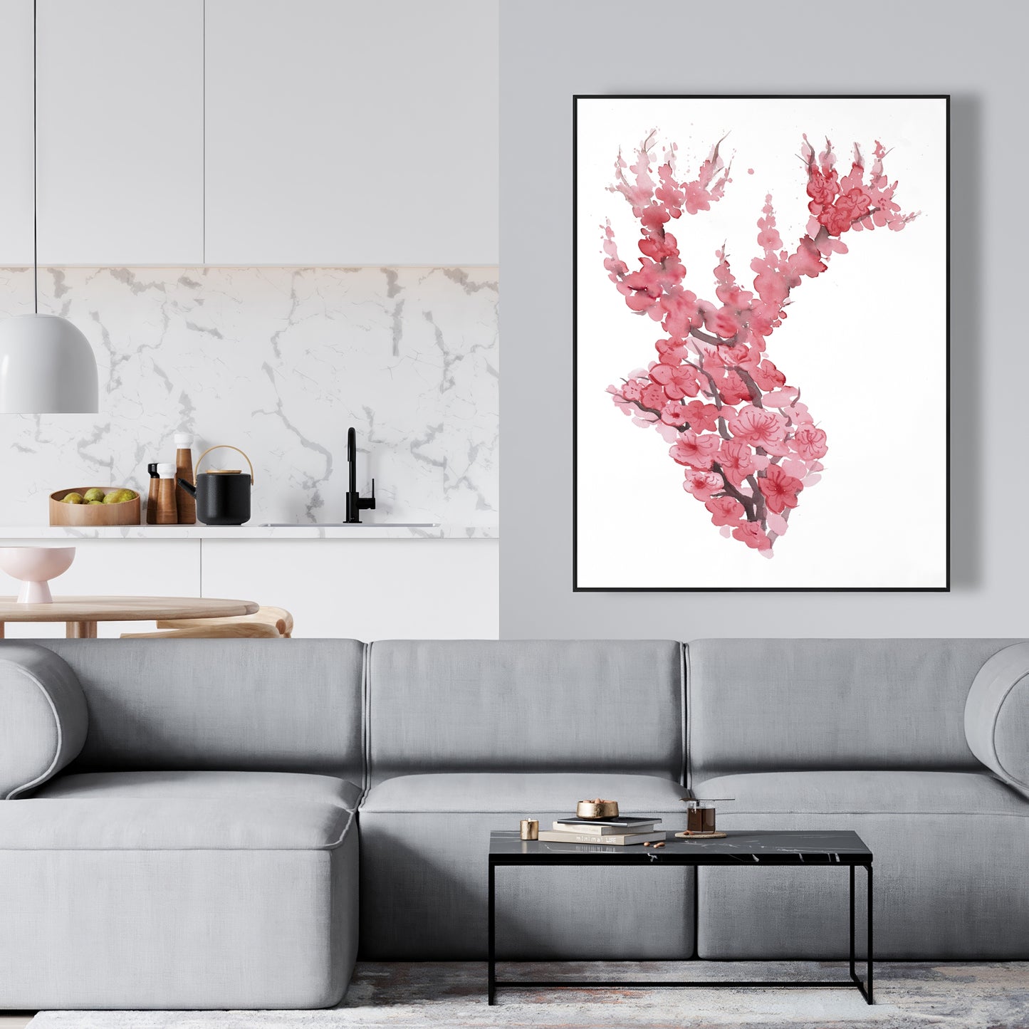 Toile Cerf rose asiatique - Décor cerf avec fleurs de cerisier