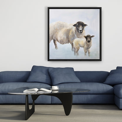 Toile Mouton et bébé | Art animalier de la ferme bleue | Décoration d'intérieur