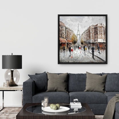 Toile encadrée représentant une rue animée de Paris – Bâtiment brun