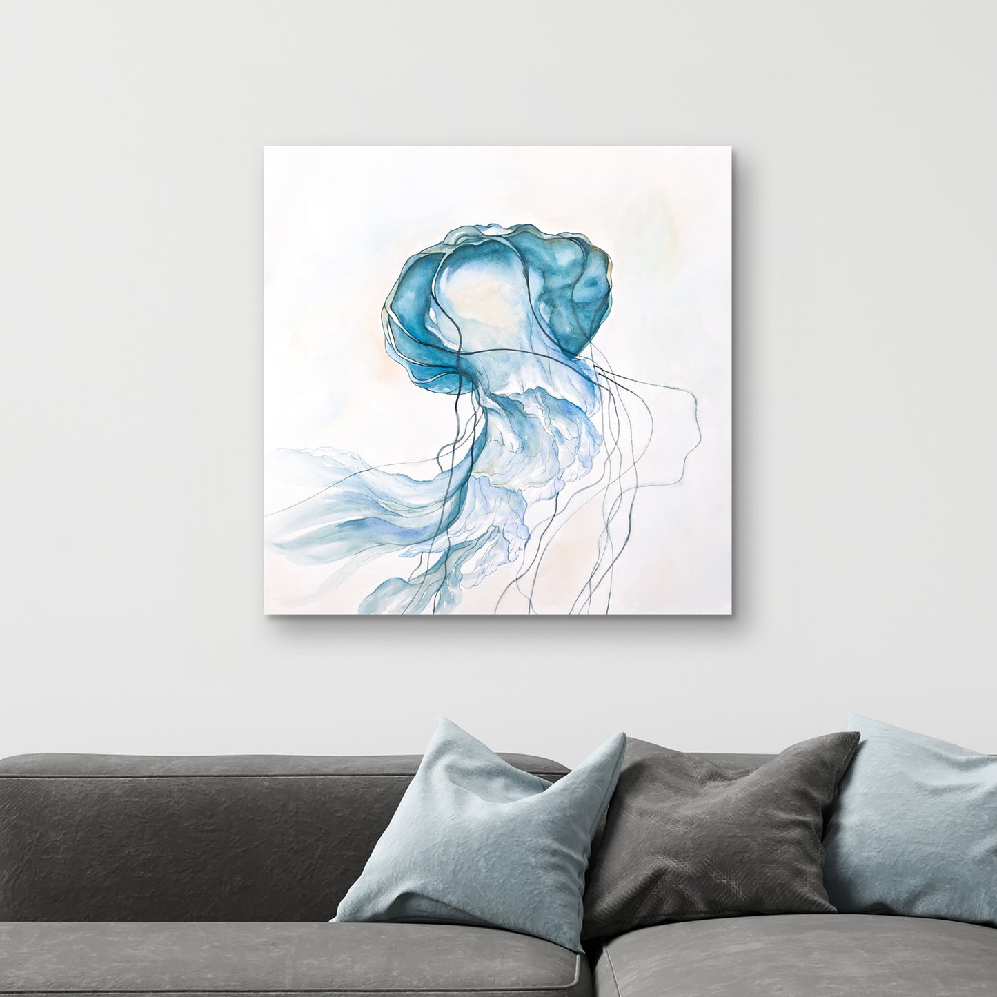 Toile représentant une méduse en mouvement – Décoration murale aquatique bleue pour chambre à coucher