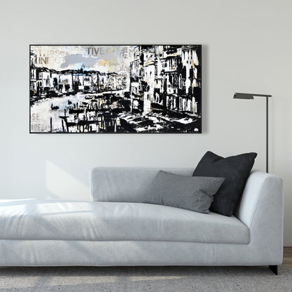 Décoration de chambre côtière | Toile abstraite bleue représentant le port de Venise