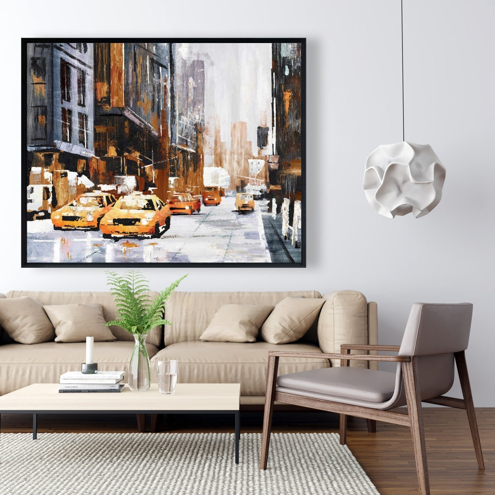 Toile « Construire des villes brunes » | Rue d'une grande ville avec taxi jaune