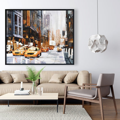 Toile « Construire des villes brunes » | Rue d'une grande ville avec taxi jaune
