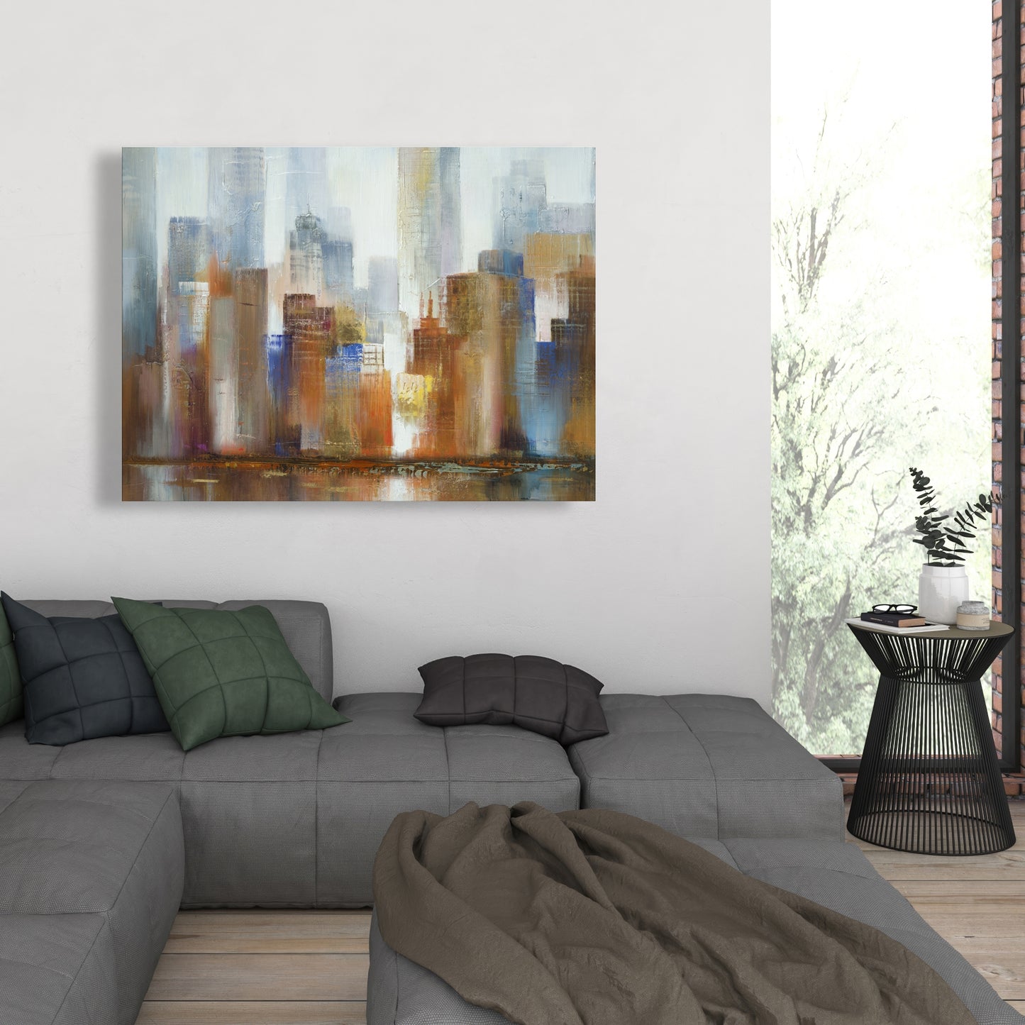 Paysage urbain dans le brouillard sur toile bleue | Décoration d'intérieur moderne
