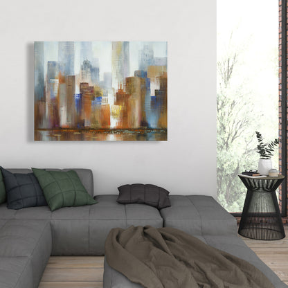 Paysage urbain dans le brouillard sur toile bleue | Décoration d'intérieur moderne