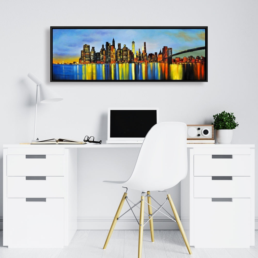 Ville de nuit avec pont | Toile encadrée | Décoration d'intérieur