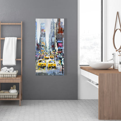 Contemporary Building Blue Canvas | Urban Scene with Yellow Taxis