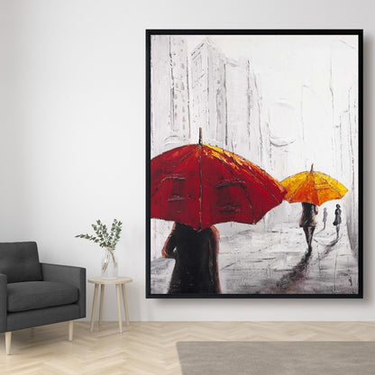 Toile encadrée grise contemporaine pour chambre à coucher – Passants avec parapluies