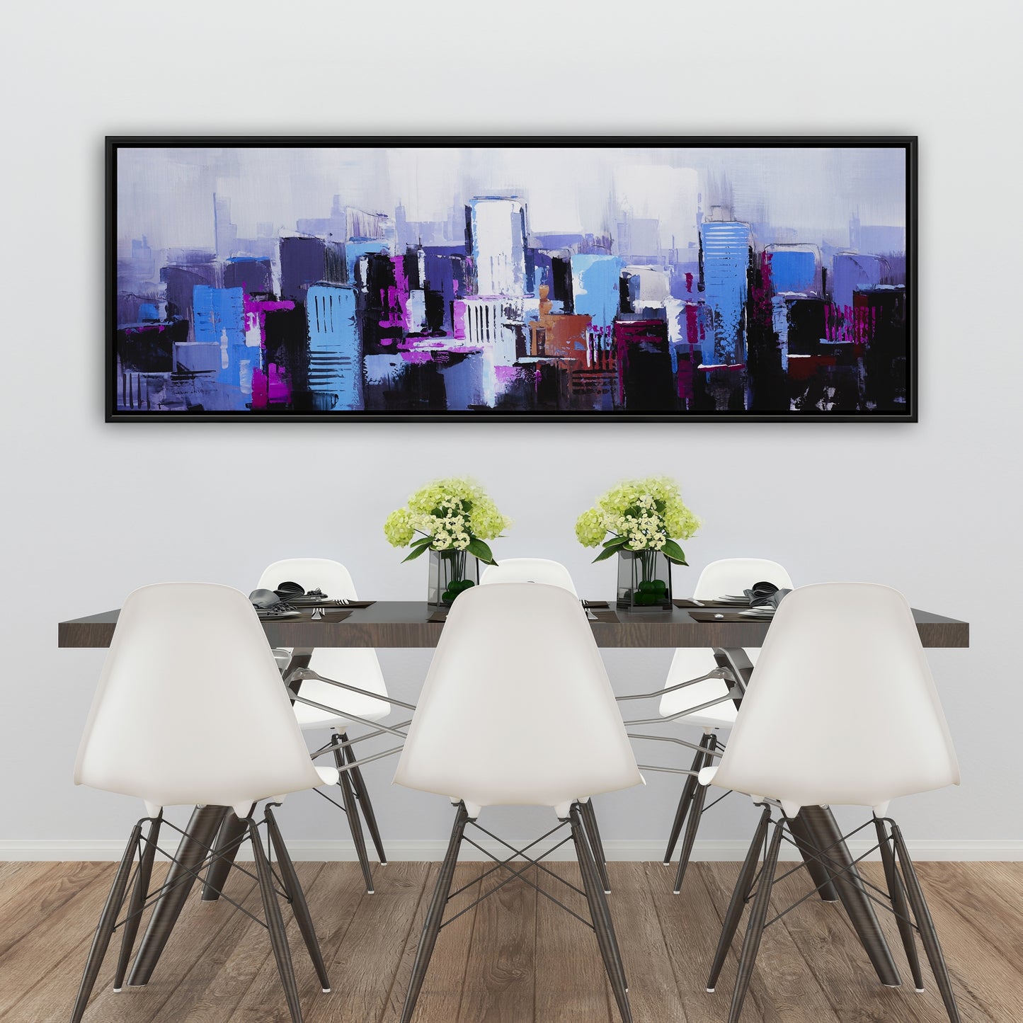 Toile abstraite bleue et violette représentant une ville - Décoration d'intérieur contemporaine