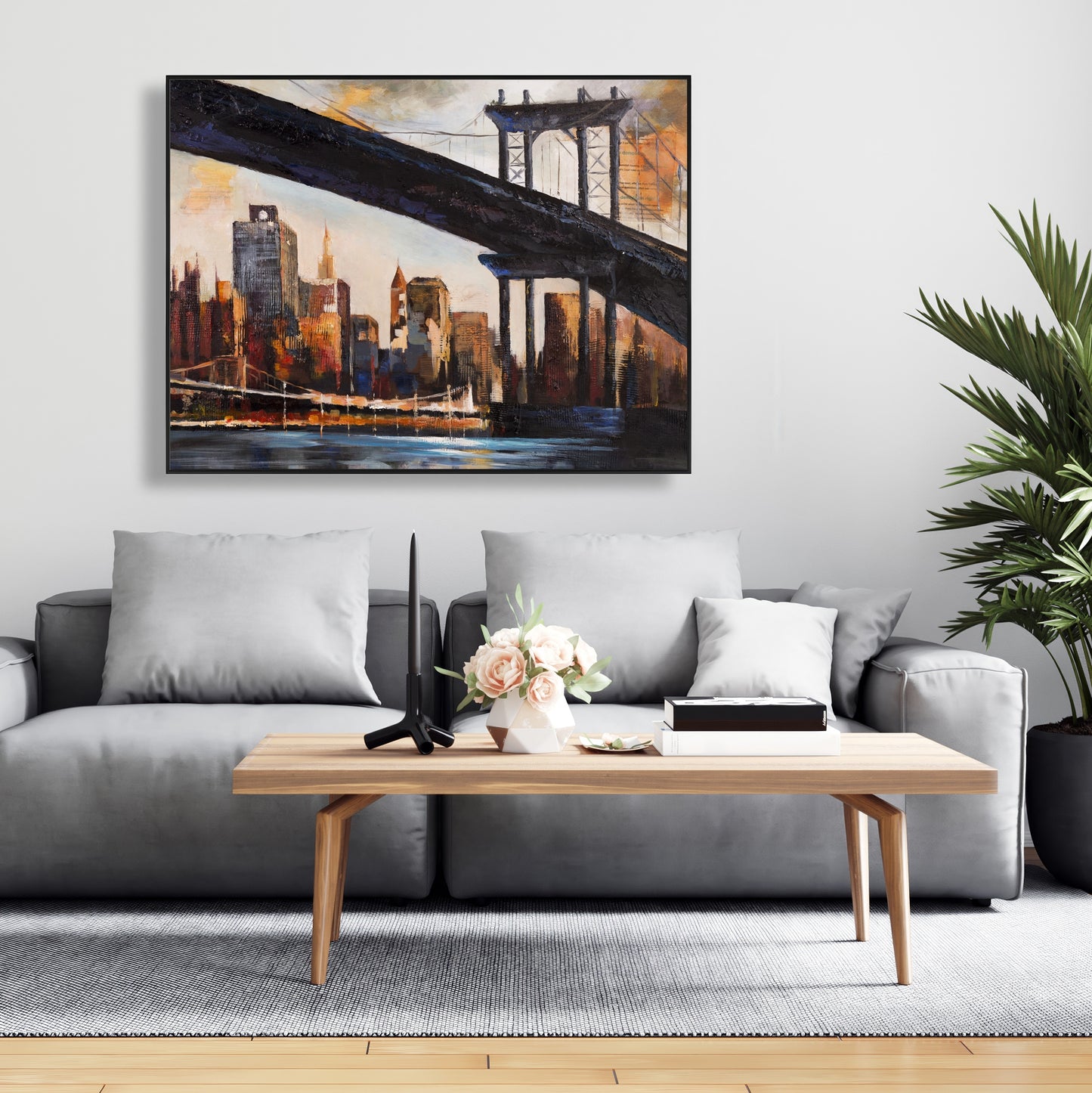 Toile « Coucher de soleil sur New York » | Cadre marron industriel