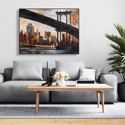 Toile « Coucher de soleil sur New York » | Cadre marron industriel