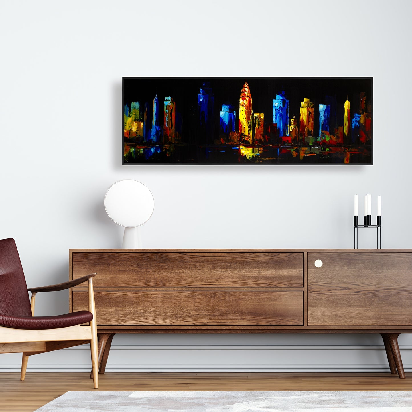 Toile encadrée contemporaine | Paysage urbain coloré sur fond sombre