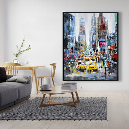 Scène urbaine avec taxis jaunes - Toile décorative encadrée bleue
