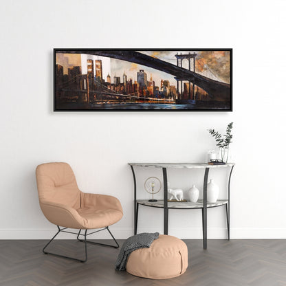 Toile « Coucher de soleil sur New York » | Cadre marron industriel