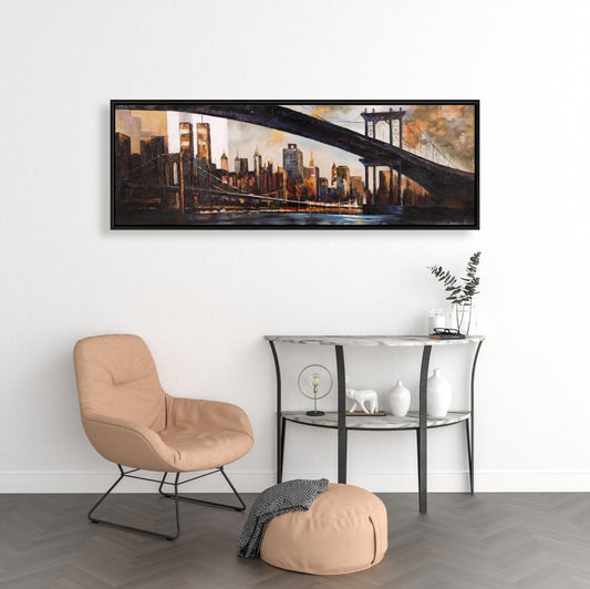 Toile « Coucher de soleil sur New York » | Cadre marron industriel