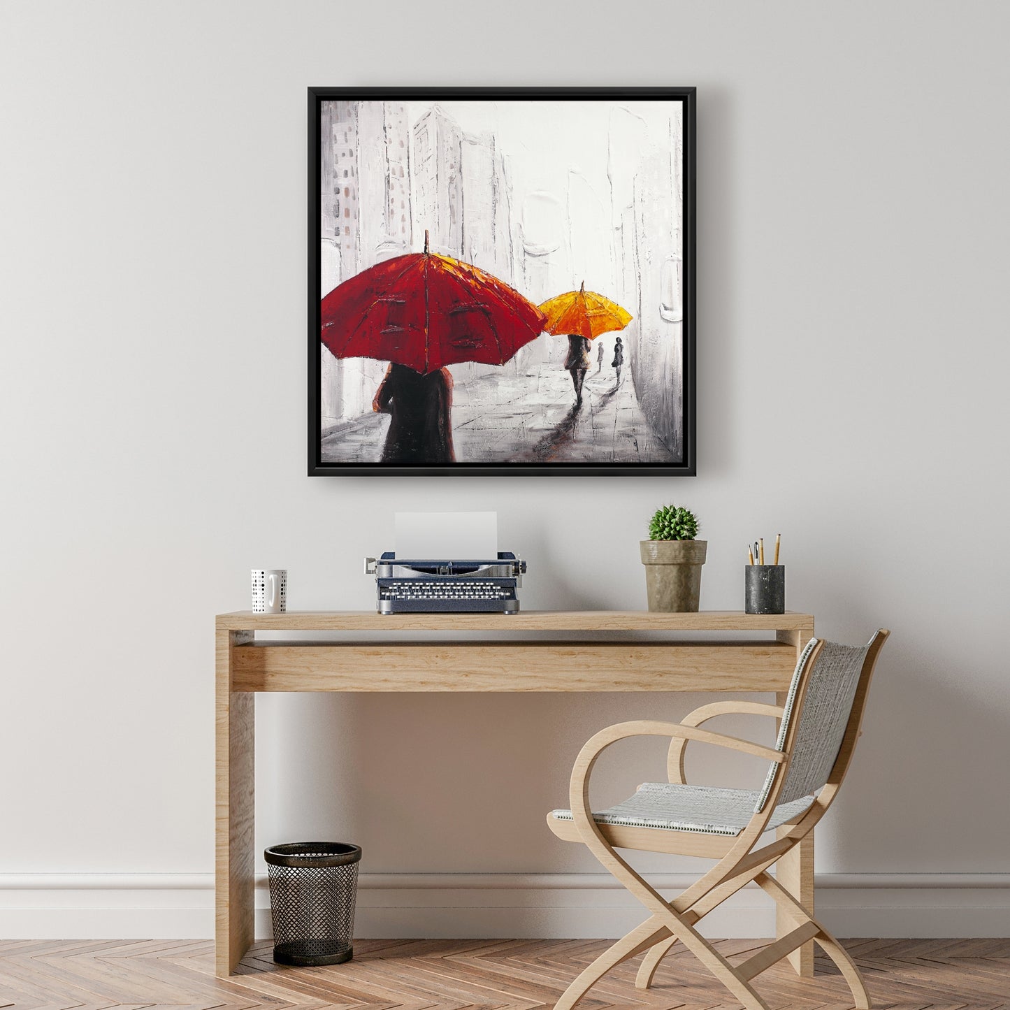 Toile encadrée grise contemporaine pour chambre à coucher – Passants avec parapluies