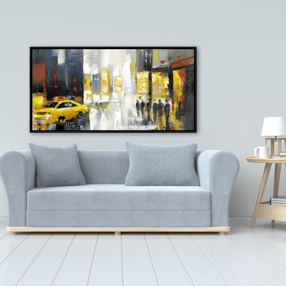 Toile encadrée grise contemporaine - Décoration de rue pluvieuse et animée