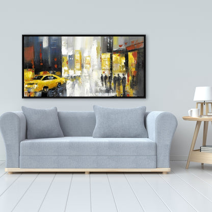 Toile encadrée grise contemporaine - Décoration de rue pluvieuse et animée