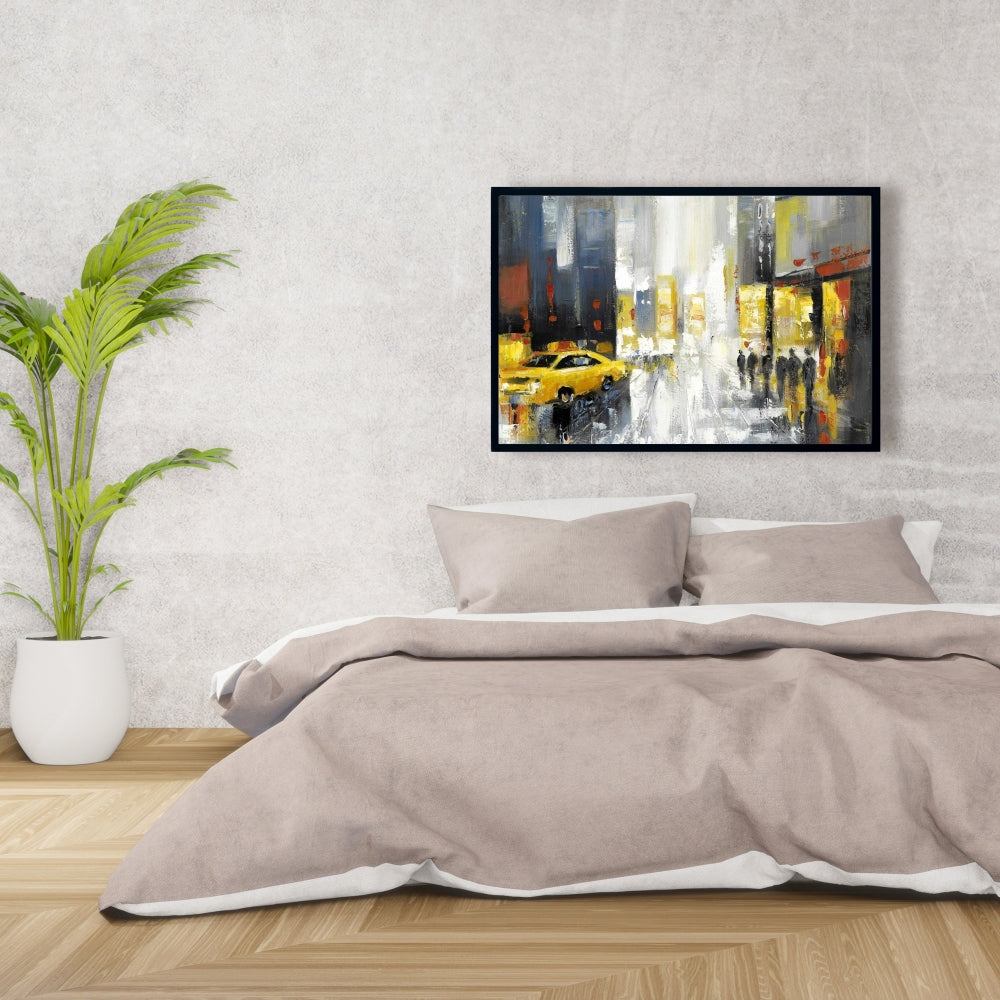 Toile encadrée grise contemporaine - Décoration de rue pluvieuse et animée