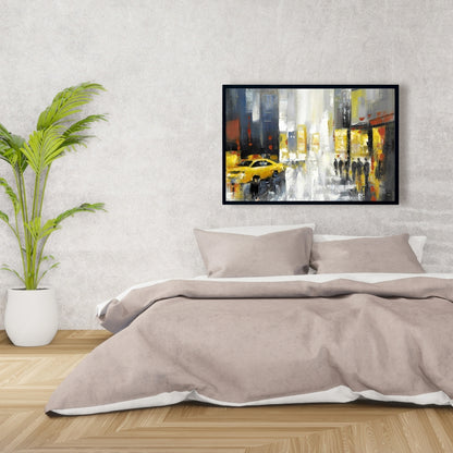 Toile encadrée grise contemporaine - Décoration de rue pluvieuse et animée