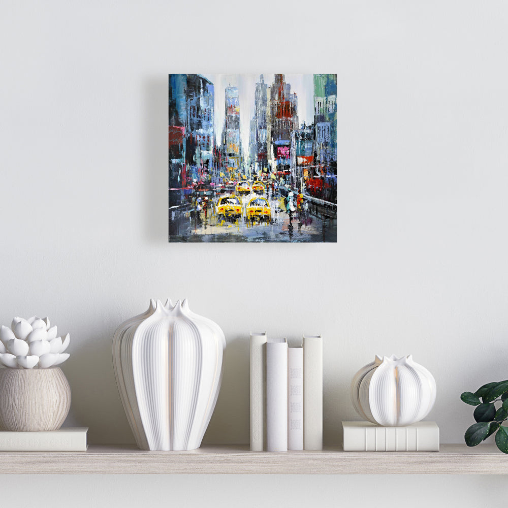 Contemporary Building Blue Canvas | Urban Scene with Yellow Taxis