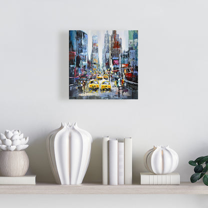 Contemporary Building Blue Canvas | Urban Scene with Yellow Taxis