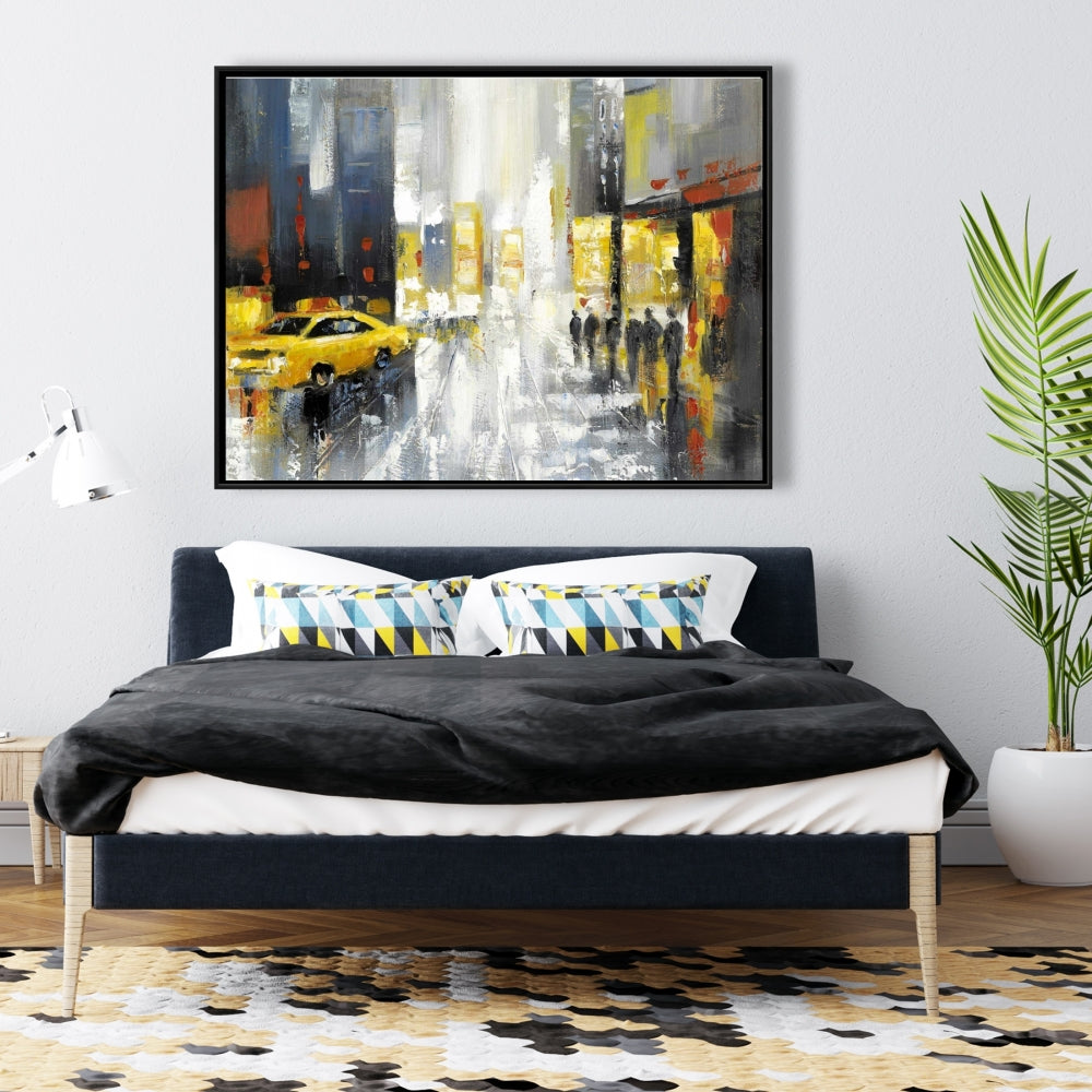 Toile encadrée grise contemporaine - Décoration de rue pluvieuse et animée