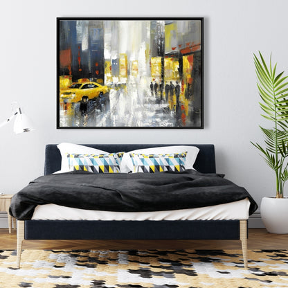 Toile encadrée grise contemporaine - Décoration de rue pluvieuse et animée