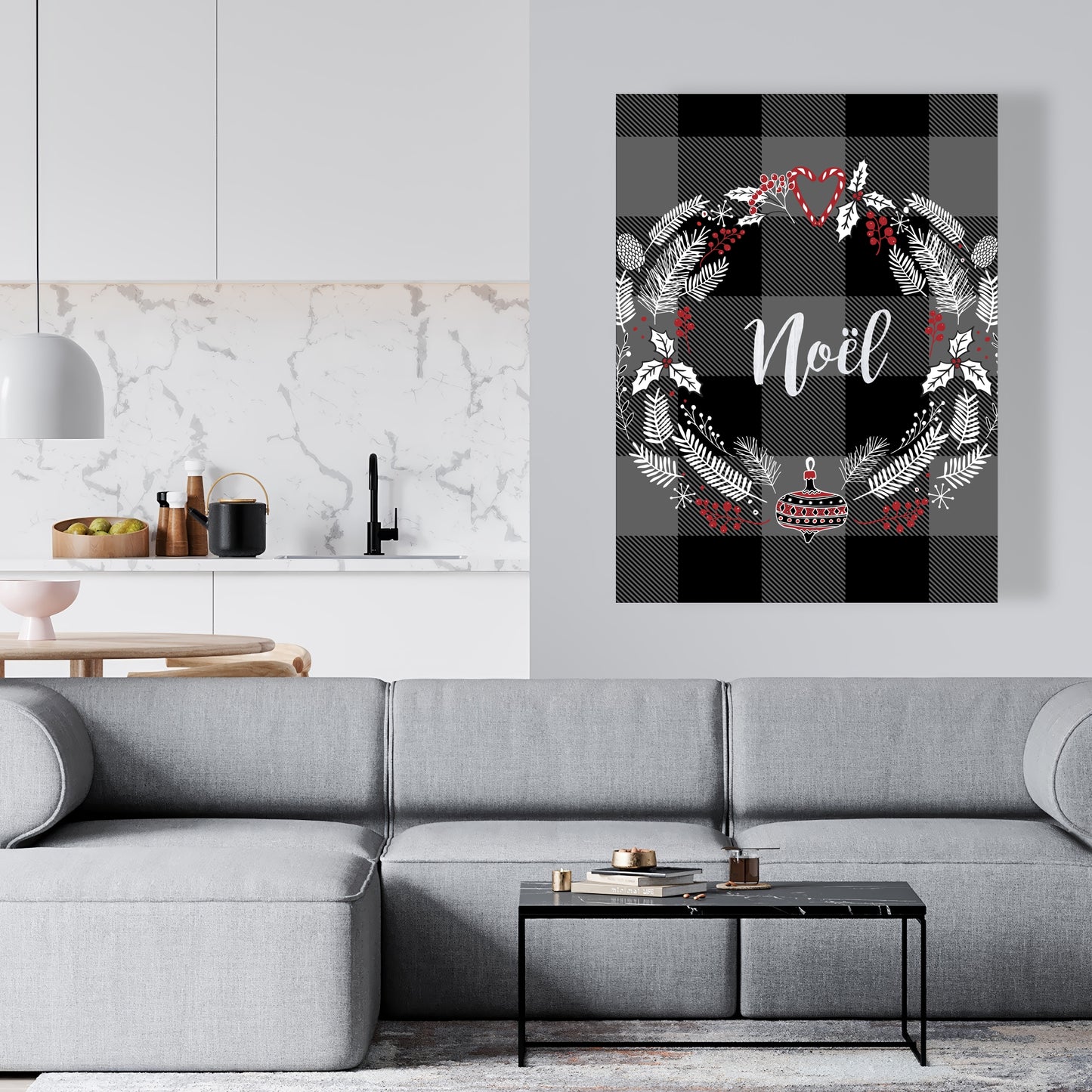 Couronne de Noël grise sur toile | Décoration murale pour cuisine