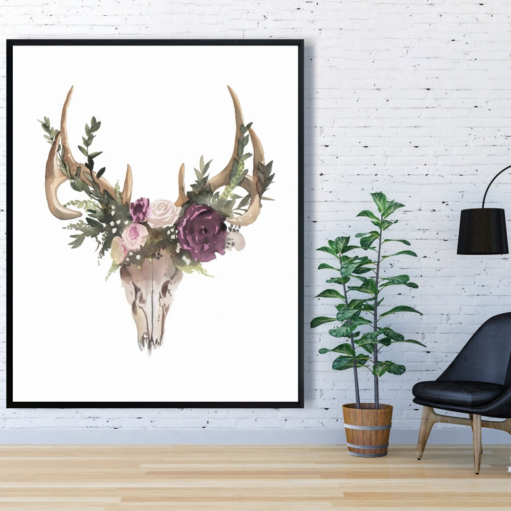 Rustic Deer Skull with Flowers Canvas | Bedroom Wall Decor