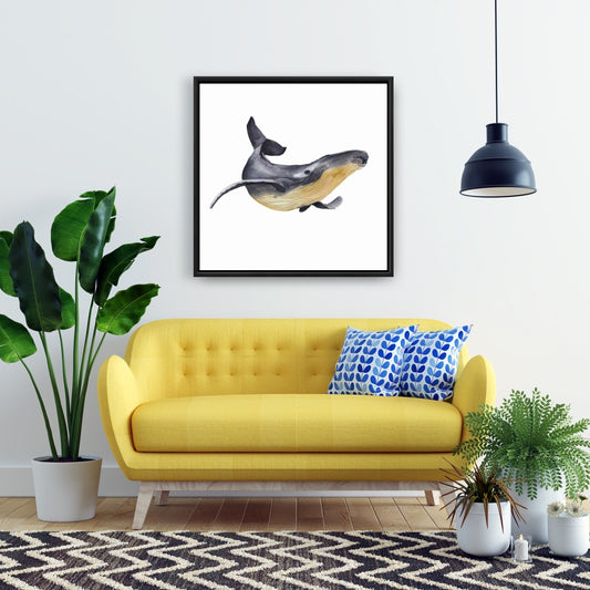 Watercolor Blue Whale Framed Canvas | Aquatic Bedroom Decor