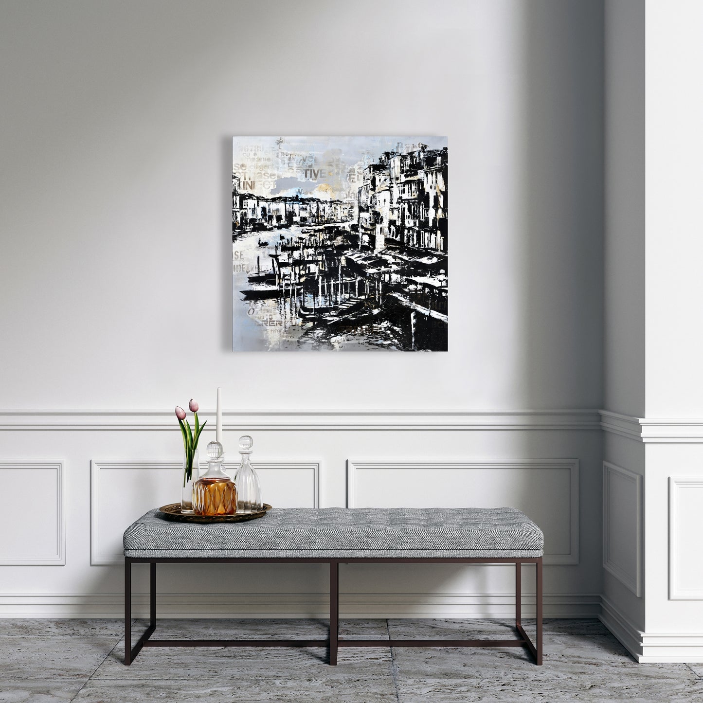 Abstract Venise Port Canvas - Blue Boat Bedroom Wall Art