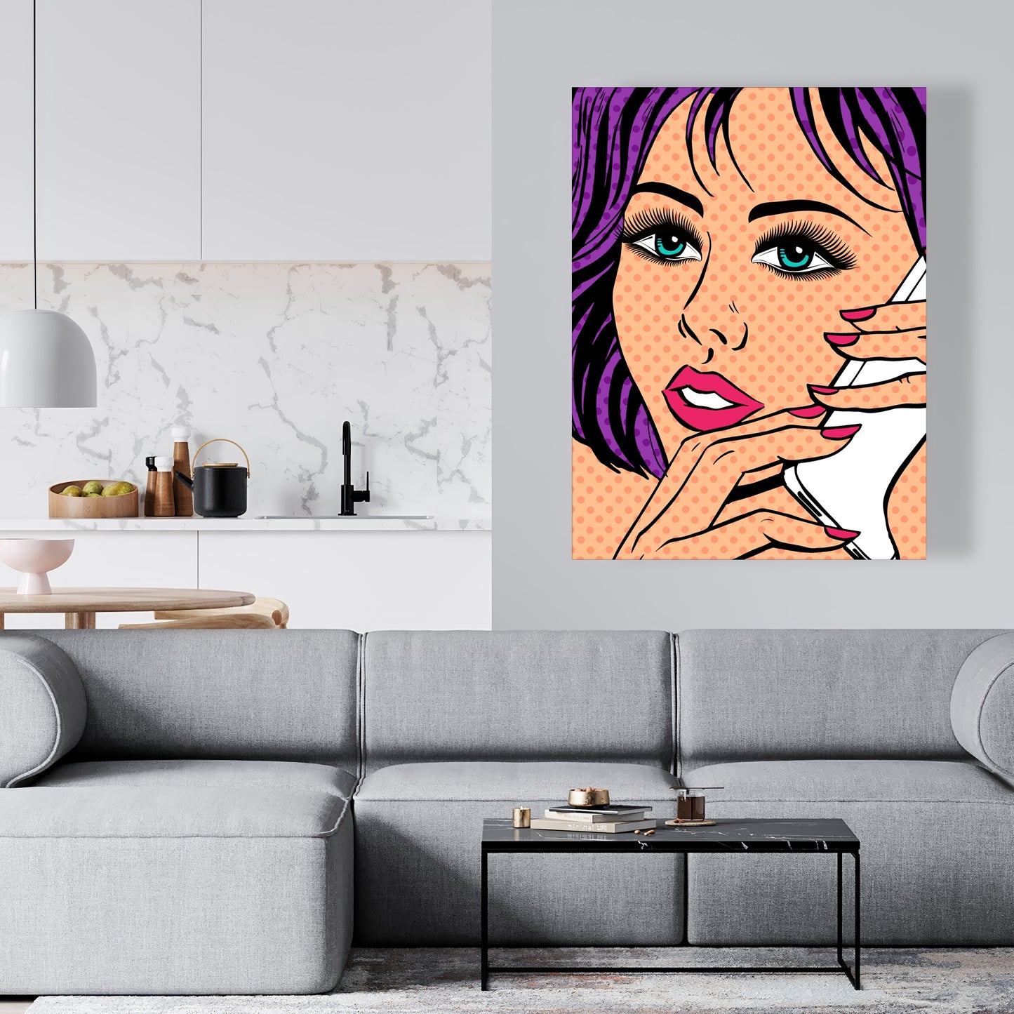 Retro Purple Bedroom Canvas | Pop Art Lady on Phone Decor