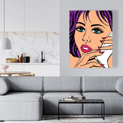 Retro Purple Bedroom Canvas | Pop Art Lady on Phone Decor