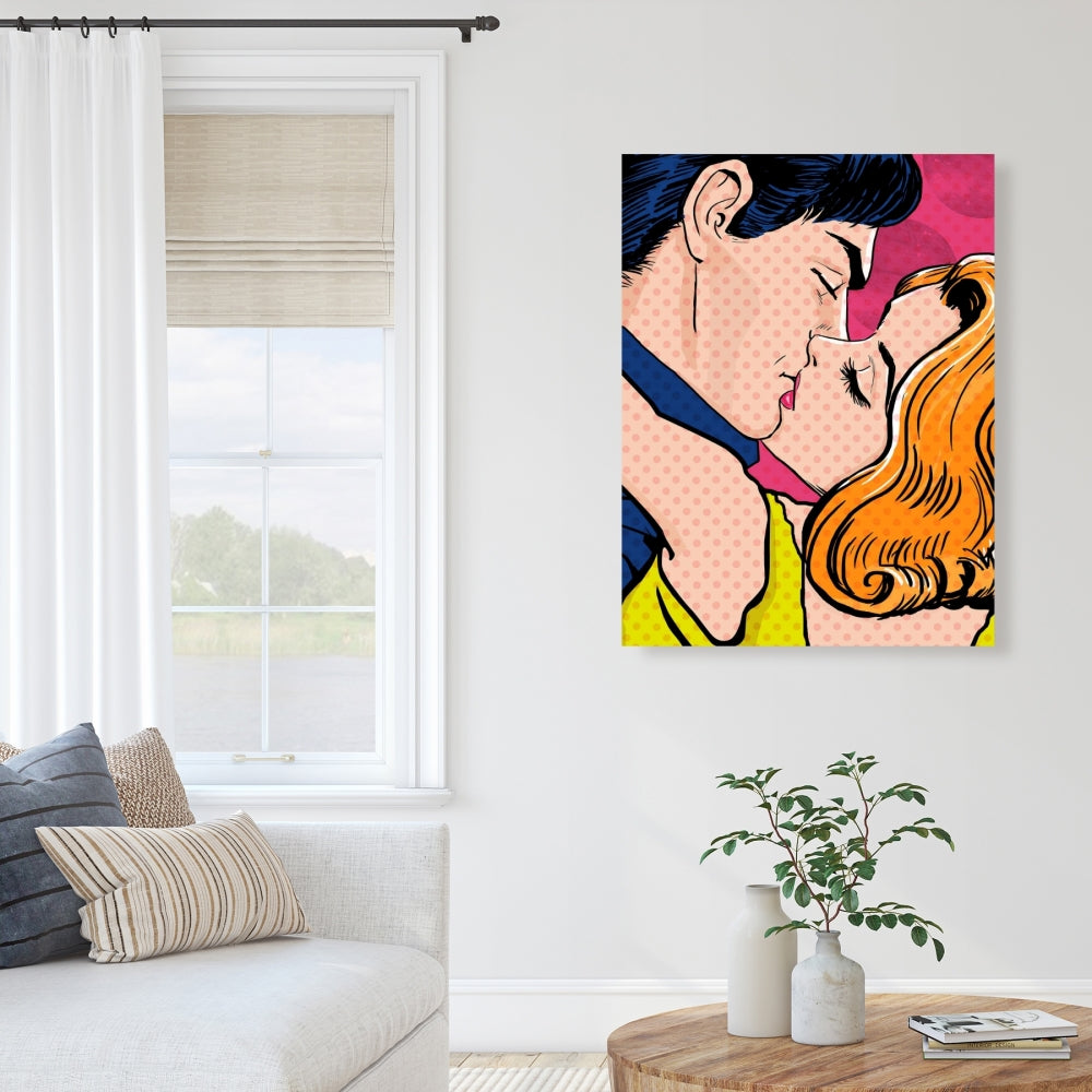 Toile rétro bleue style Pop Art pour couple | Décoration d'intérieur pour femme