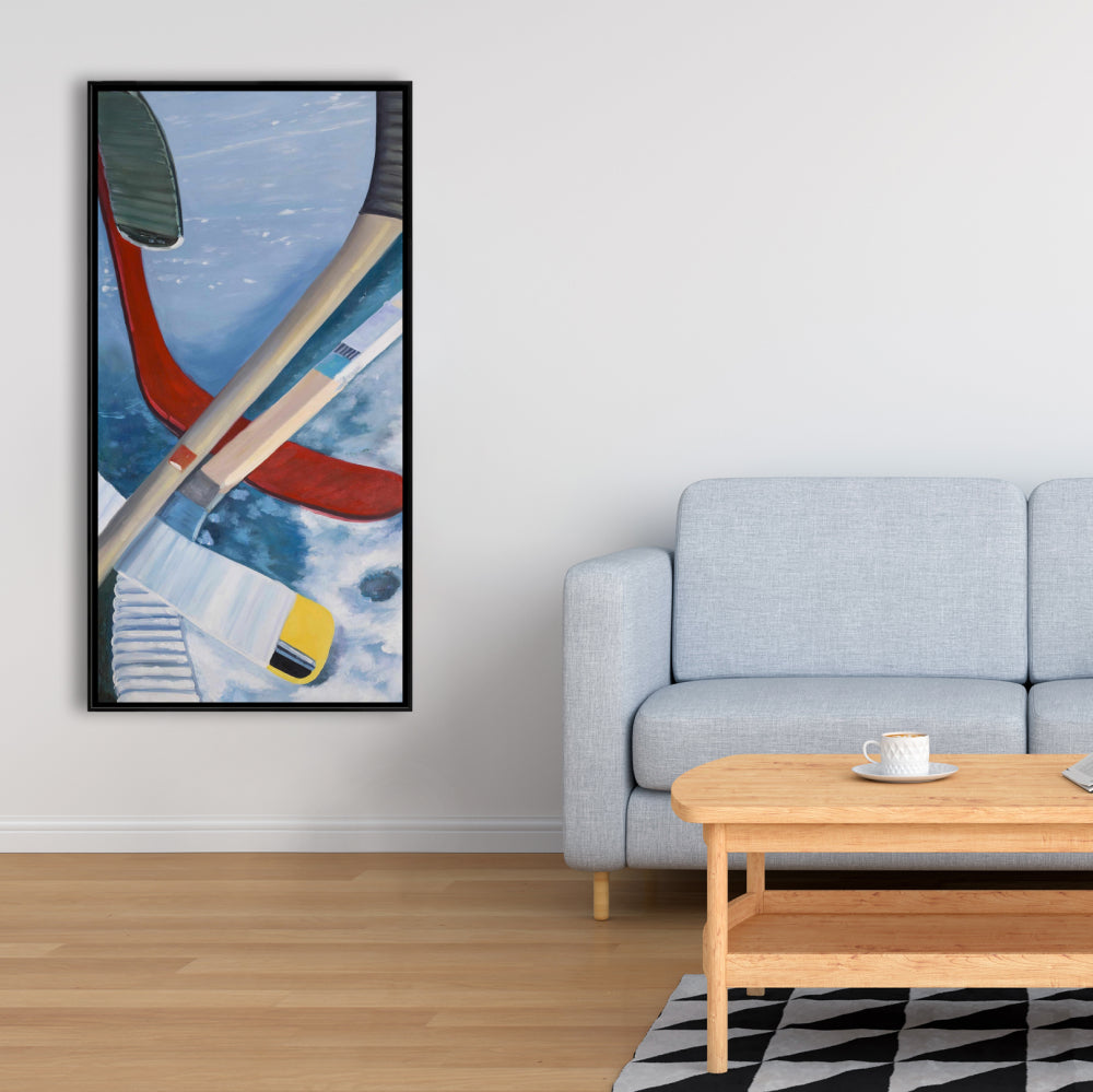 Hockey Sticks on Ice Canvas | Blue Sports Home Decor Art