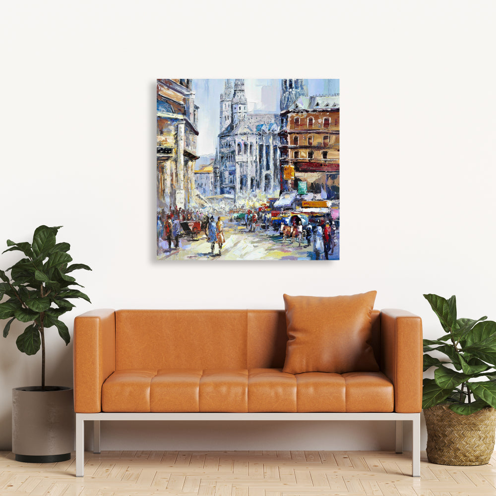 Contemporary Building Blue Canvas - Busy Street Wall Art Decor