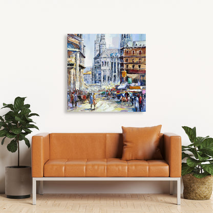 Contemporary Building Blue Canvas - Busy Street Wall Art Decor