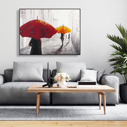 Toile encadrée grise contemporaine pour chambre à coucher – Passants avec parapluies