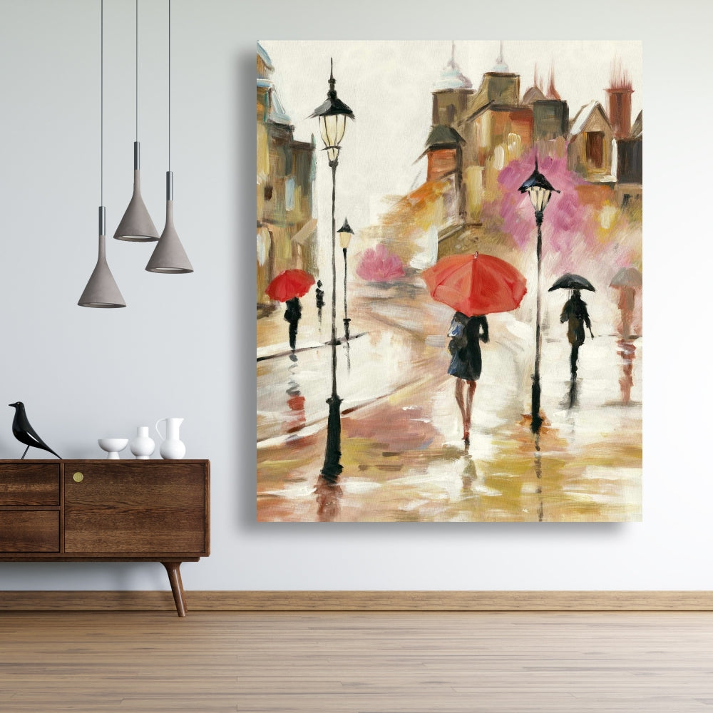 Red Contemporary Canvas - Passersby under Umbrellas Artwork