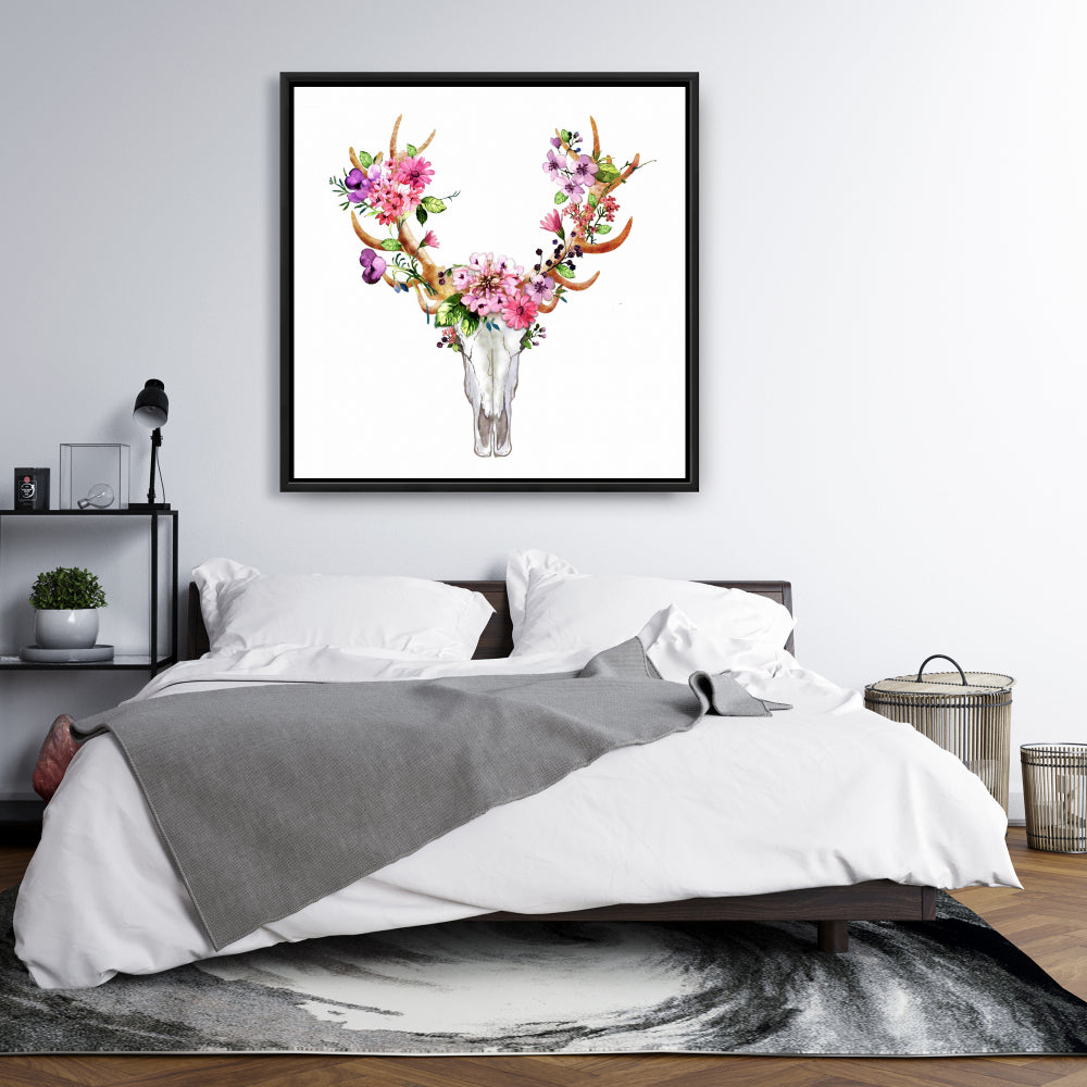 Rustic Deer Skull Canvas | Floral Bedroom Decor Framed Art