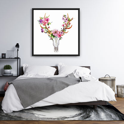 Rustic Deer Skull Canvas | Floral Bedroom Decor Framed Art