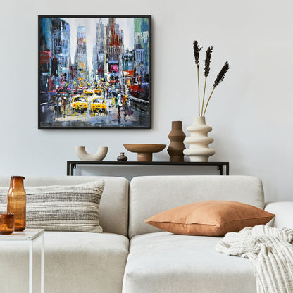 Scène urbaine avec taxis jaunes - Toile décorative encadrée bleue