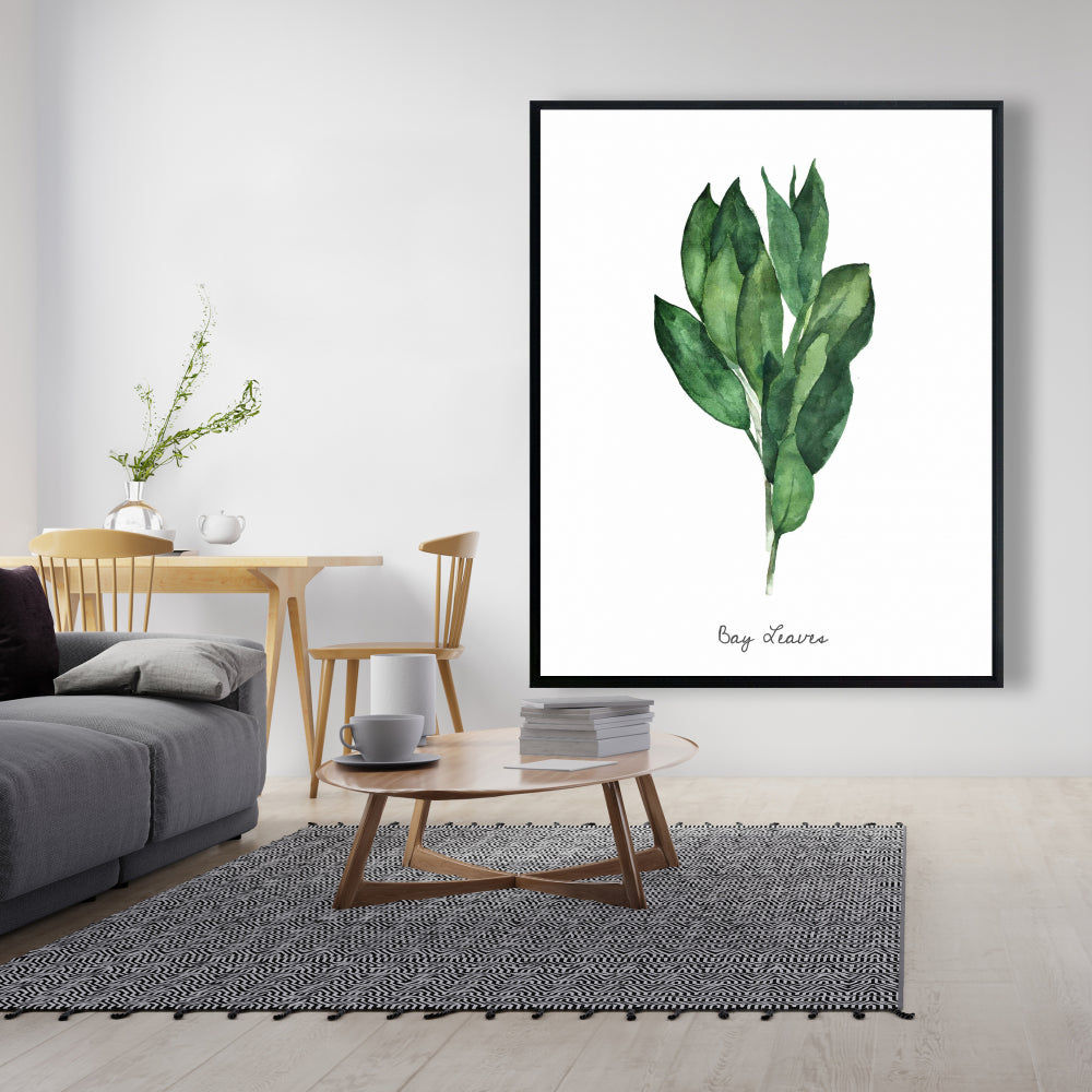 Toile encadrée « Feuilles de laurier » | Décoration de cuisine blanche