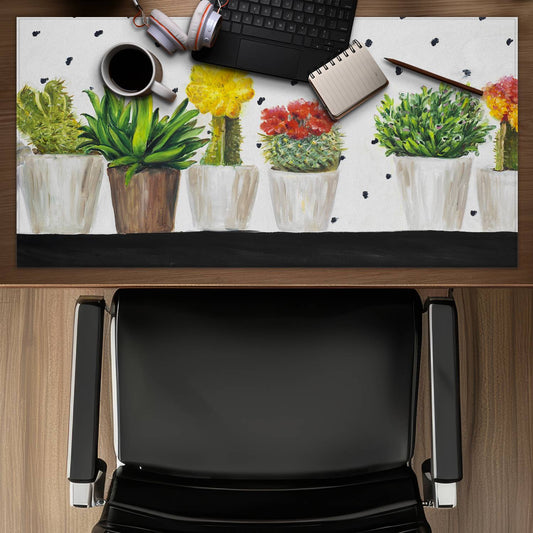 White Exotic Floral & Botanical Desk Mat - Cactus & Succulents